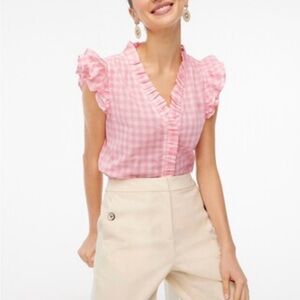 J.CREW Shirt Pink Gingham Flutter Sleeve Ruffle Button Up V Neck Top Blouse